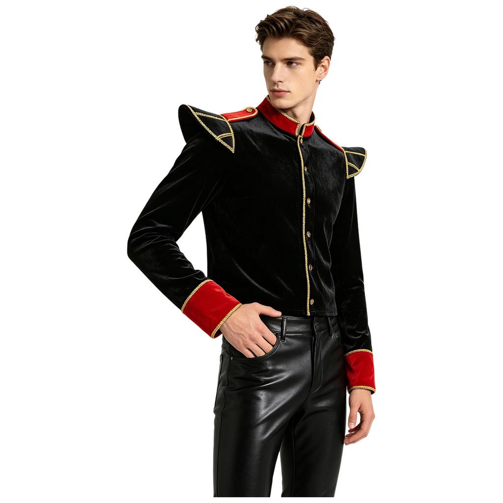 Stand Collar Long Sleeve Velvet Jacket with Gold Trim and Shoulder Boards for Men Circus Ringmaster Halloween Carnival Costume