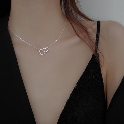 New 925 Silver Double Ring Heart Necklace Women Clavicle Chain Simple Elegant Wedding Jewelry Gift for Her
