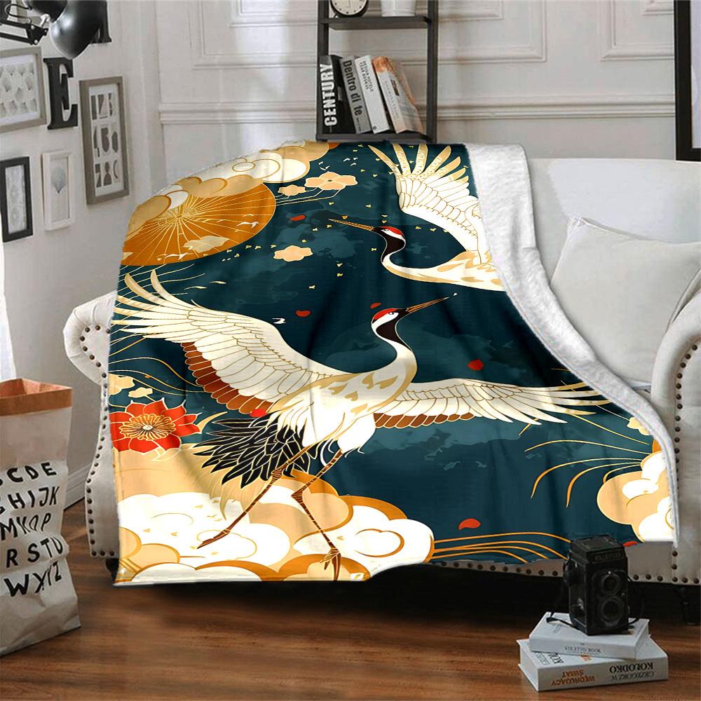 1 Stück leichte Flanelldecke mit Kranich- und Blumenmuster, bequeme und warme Decke, für Büro und Camping, Sofa, Bett, Wohnzimmer076