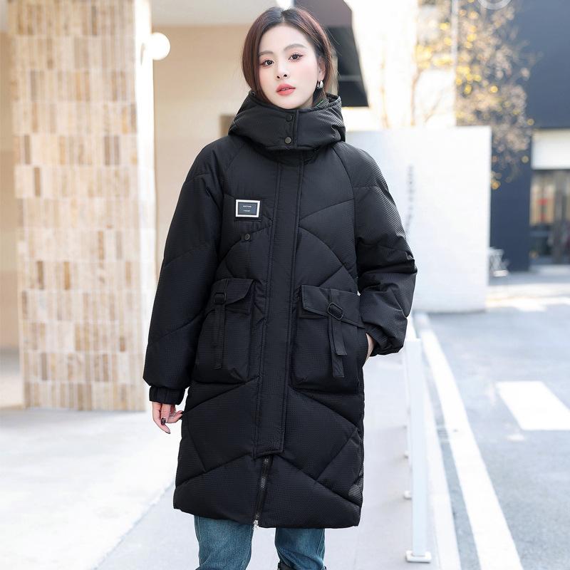 2025 New Cotton Jacket Women's Mid-length Over-the-knee Padded Jacket Loose Thickened and Warm Diamond-shaped Plaid Hooded Autumn and Winter Jacket