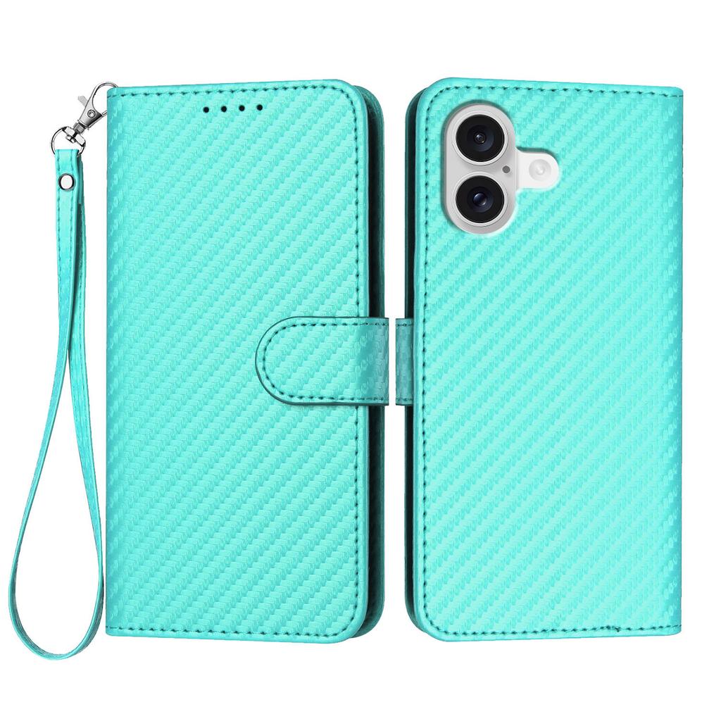 For iPhone 17 Wallet Case with Strap Carbon Fiber Texture Leather Mobile Cover