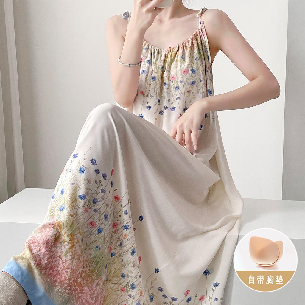 Anti-bump cotton silk suspender nightdress women's summer thin plant flower high-end loungewear with chest pad dress