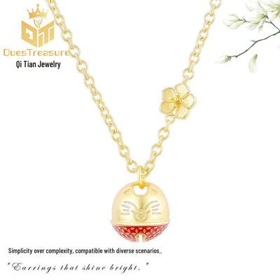 Sand Gold Lucky Cat Bell Flower Red Enamel Pendant Necklace for Women