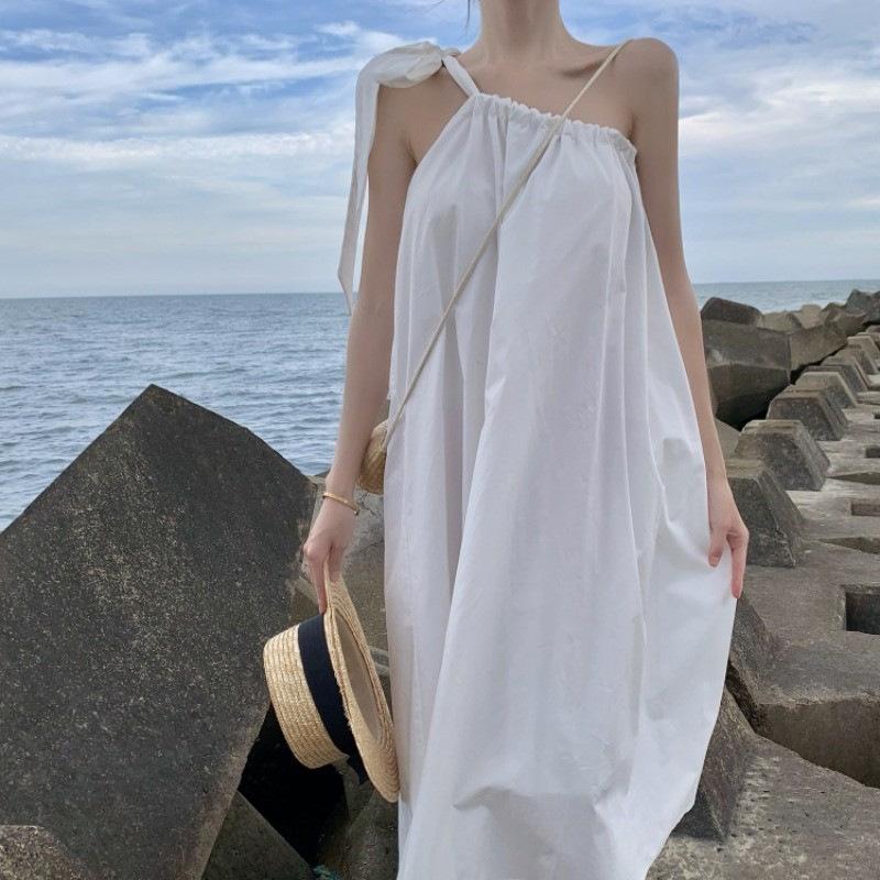 Sanya travel wear photo beach dress women small seaside vacation super fairy slanted shoulder suspender dress S синий