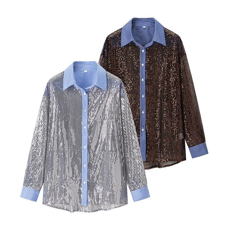 Kaslead New Women Clothes Western Style Fashion Long Sleeve Loose Casual Sequins Shirts