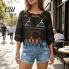Blusa de Ganchillo Holgada para Mujer, Tops Redondos con Mangas Acampanadas de 3/4, Cubre Ropa Hueca de Manga Tres Cuartos, Tops de Punto con Protección Solar para Verano en la Playa