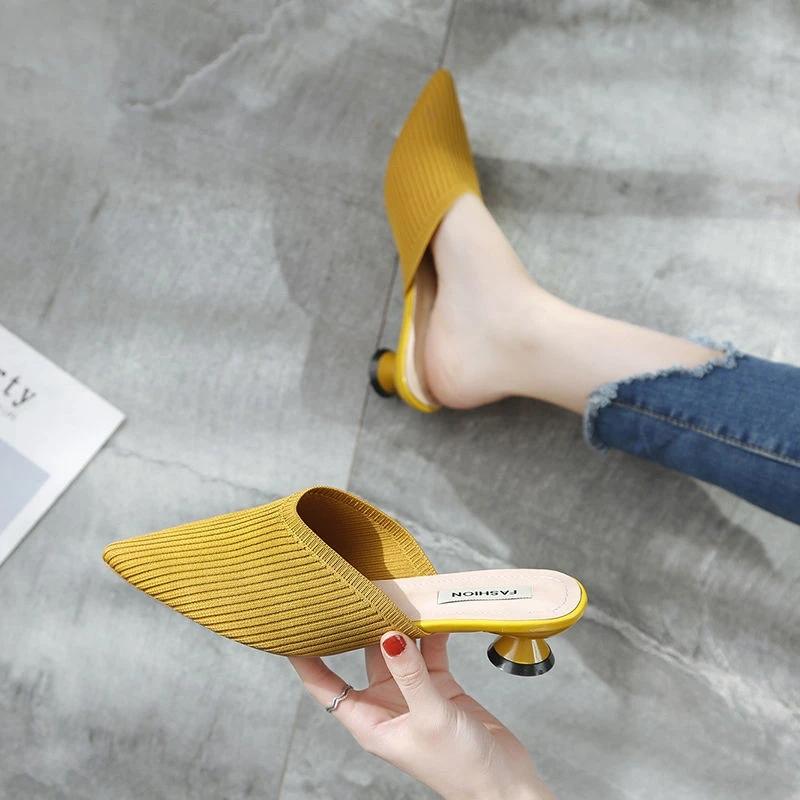 

Тапочки на среднем каблуке с острым носком, женская летняя обувь, пикантные сандалии, вязаные эластичные сетчатые шлепанцы с открытой пяткой, дышащие шлепанцы, обувь на мелком каблуке 35 жёлтый