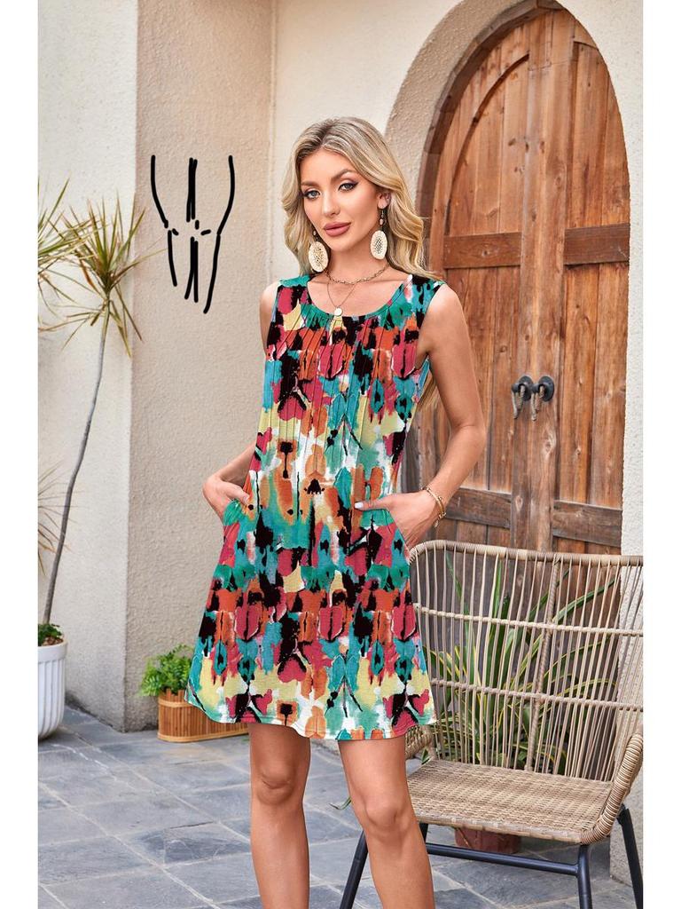 European American Women's Sleeveless Drawstring Pocket Dress - Round Neck Print