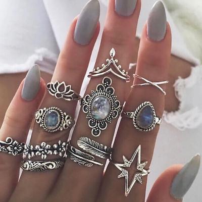 Frauen Boho Blume Blätter Wasser Tropfen Sterne Kristall Knuckle Fingerring Lady Party Silber Ehering