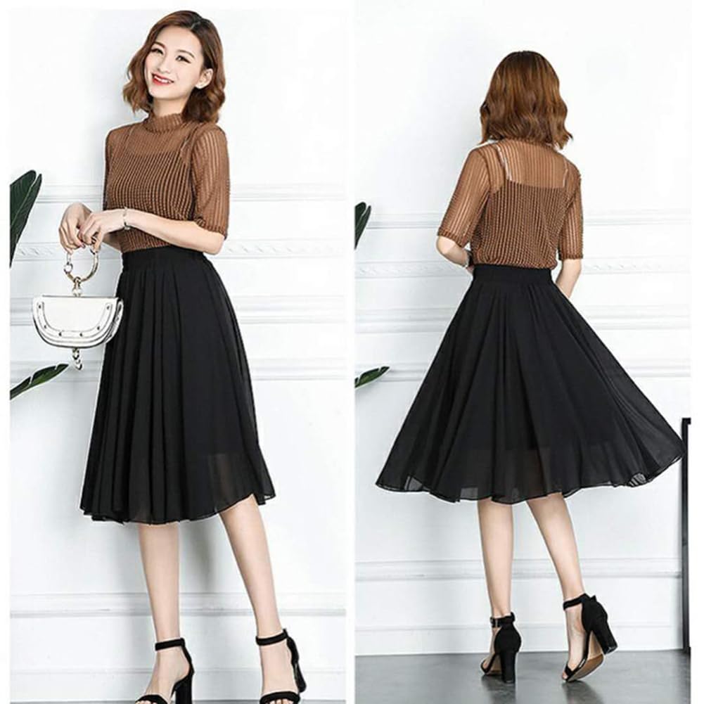 KANO SEIKA Chiffon Flared Floral Plus Loose Elastic Going Free Black Women's Skirt, Knee-Length, Print, A-Line, High-Waist, Sizes, Fit, Waist, Casual,