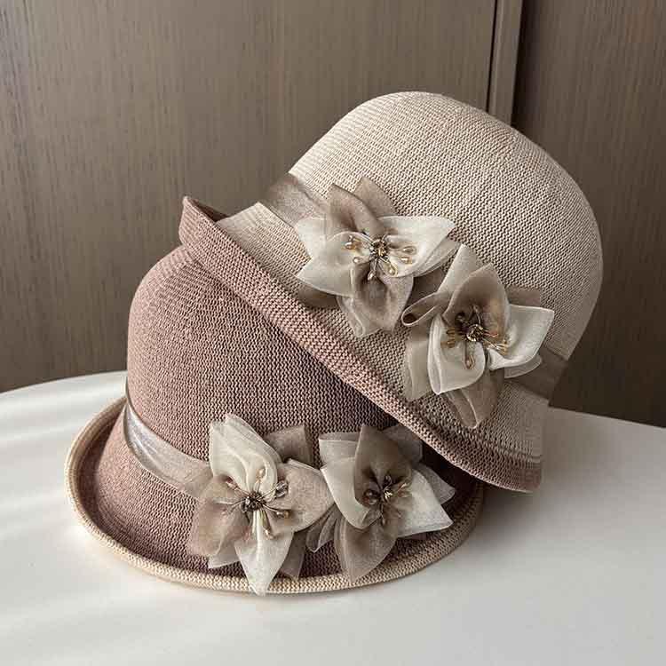 Spring and summer curled top hat, women's thin breathable small edge basin hat, fashionable flower versatile travel sun hat