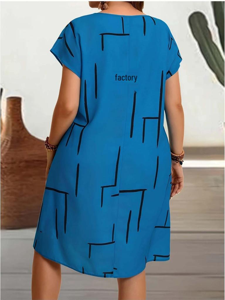 Geometric Print Plus Size Round Neck Short Sleeve Dress (European & American Style, 2026)