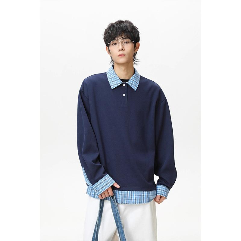 

Темно-синяя футболка-поло с эффектом двухслойности, толстовка для мужчин и женщин, осенняя одежда для пары, футболка для нижнего слоя, американская ретро футболка с длинным рукавом XXL