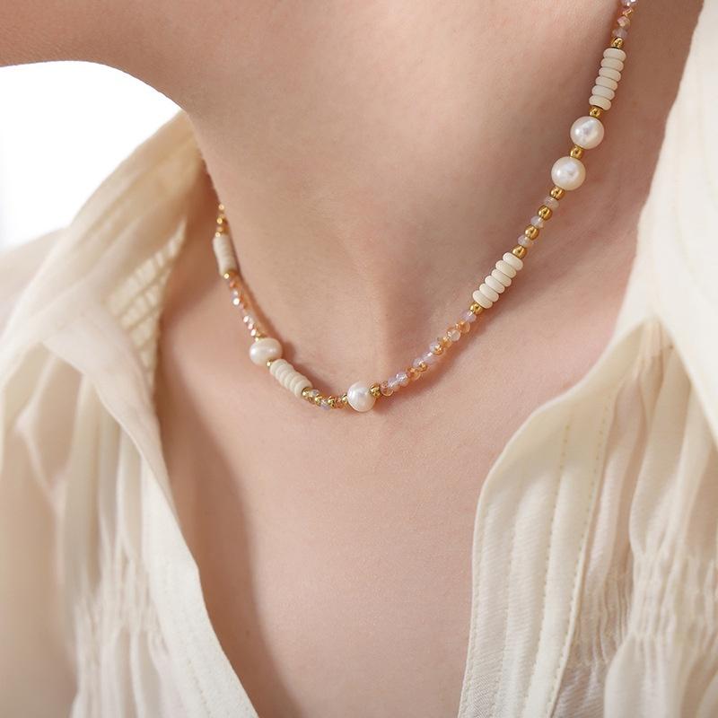 

Stylish Elegant And Japanese And Korean Style Natural Freshwater Pearl Glass Stone Bead Necklace Jewelry Women For StyleA