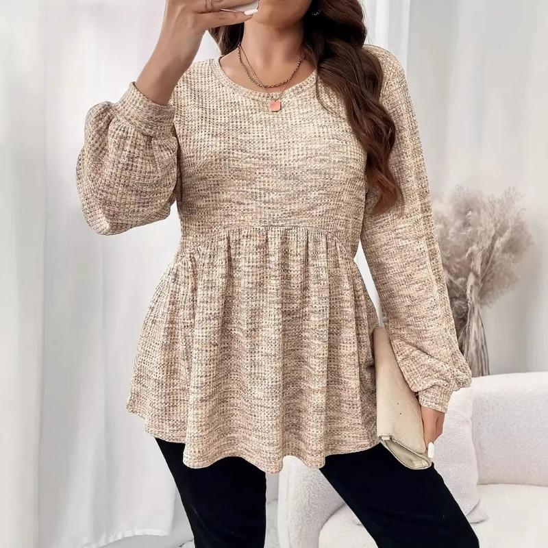 Women Spring Pink Marled Knit Puff Sleeve Peplum High Waist Casual Blouse