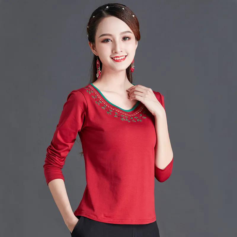 

WTEMPO весна-осень этнический стиль длинные рукава вышитые топы женские однотонные большие размеры с круглым вырезом нижние рубашки XXL красный