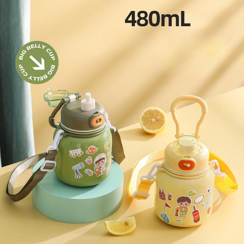 Thermosbecher für Kinder aus 316 Edelstahl, gut aussehende Studentin mit tragbarem Griff und Strohhalm, süße Tasse mit großem Bauch