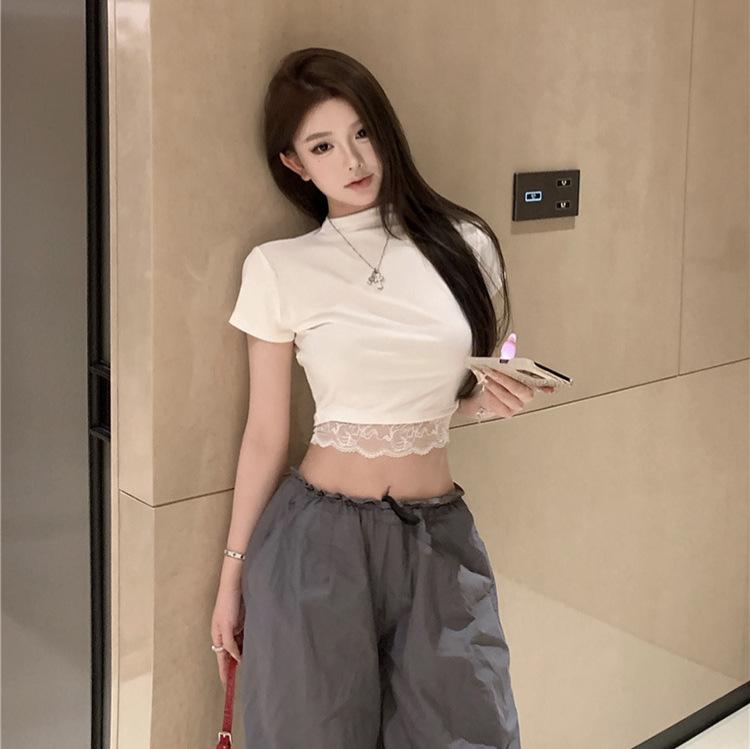 Women's Summer Pure Sexy Lace Short Sleeve T-Shirt Slim Fit Design Spice Girl Semi-turtleneck Button Top