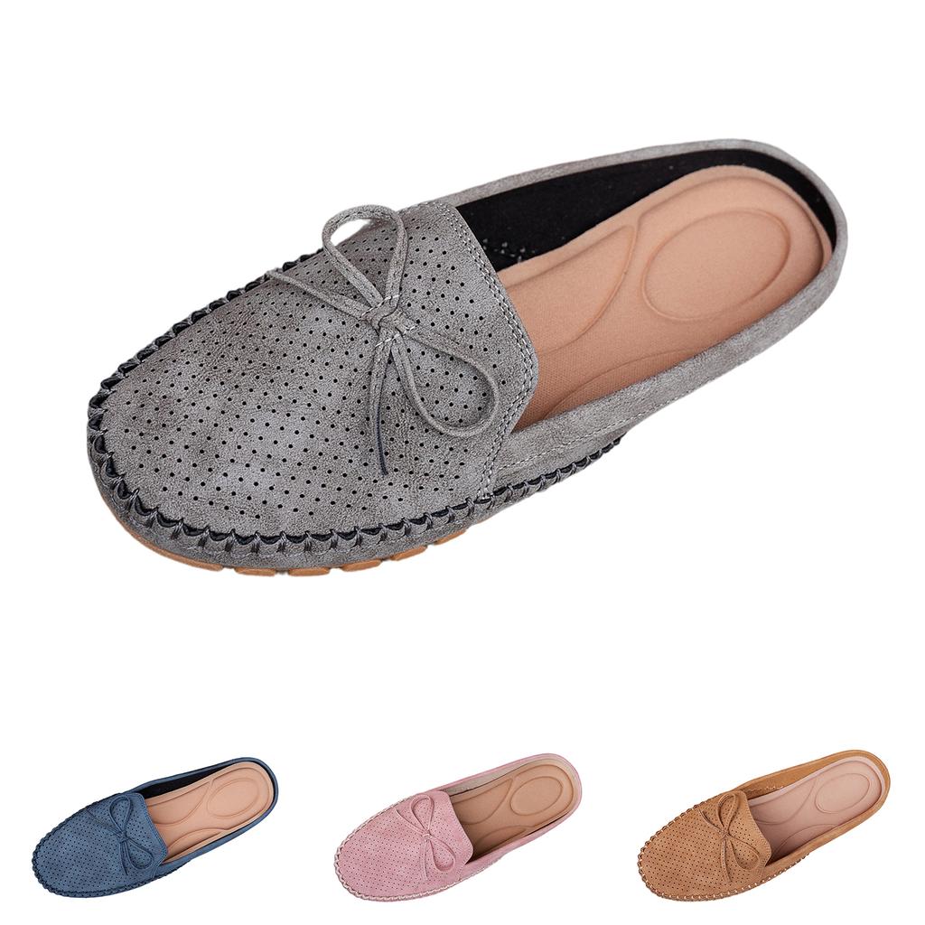 Women Slip On Loafers Soft Sole Casual Moccasin Shoes Perforated Upper with Bow Accent Comfortable Footbed