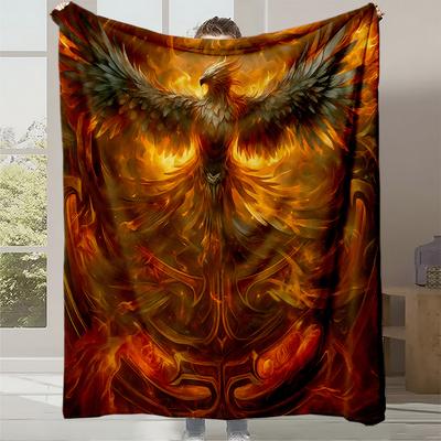 1pc, Flame Phoenix Totem Printed Fleece Blanket, High Weight Fleece Blanket, Skin-Friendly Warm Blanket | a Must-Have Item for