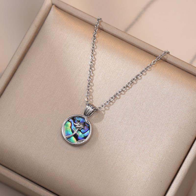 Blue Rose Flower Abalone Shell Pendant Necklace for Women - New Titanium Steel Design