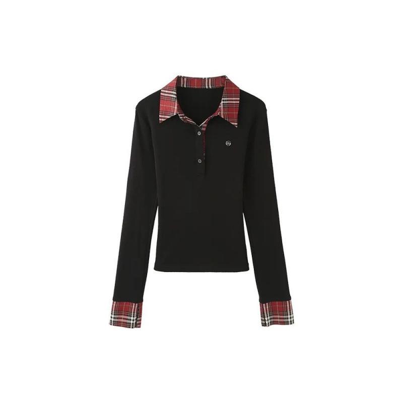 Women's Autumn Plaid Polo Collar Long Sleeve Top, Slim Fit, Embroidered Two-Piece Style
