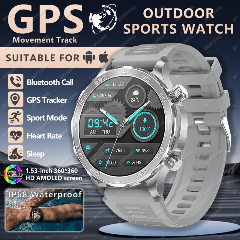 

New Military Smartwatches 1.53-Inch AMOLED Screen Sports Fitness Tracking Compass Bluetooth Call IP68 Waterproof Smartwatch GPS Smart Watch сірий