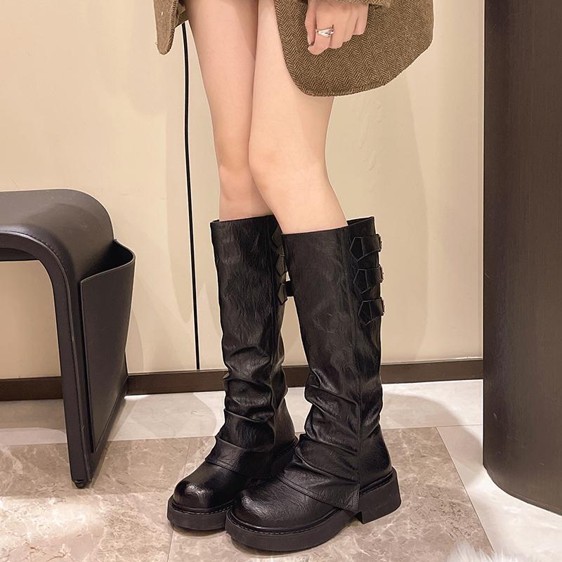 

Women s Boots Fashion Knee-high Boots New Round Toe Trouser Leg Boot High Quality Leather Mid-calf Boots for Women Platform Boot 35
