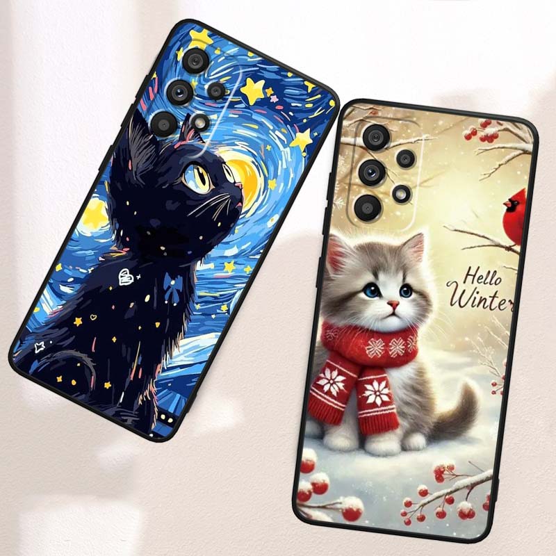 Cute Cartoon Cat Illustration For Samsung A41 A35 A34 A33 A32 A25 A24 A23 A21s A06 A05 A04 A03 Note 10 20 Ultra 5G Black Case