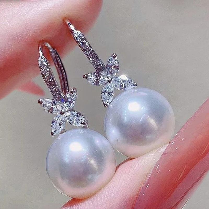 Huitan Graceful Imitation Pearl Drop Earrings Women Aesthetic Dazzling Cubic Zirconia Accessories Noble Charms Wedding