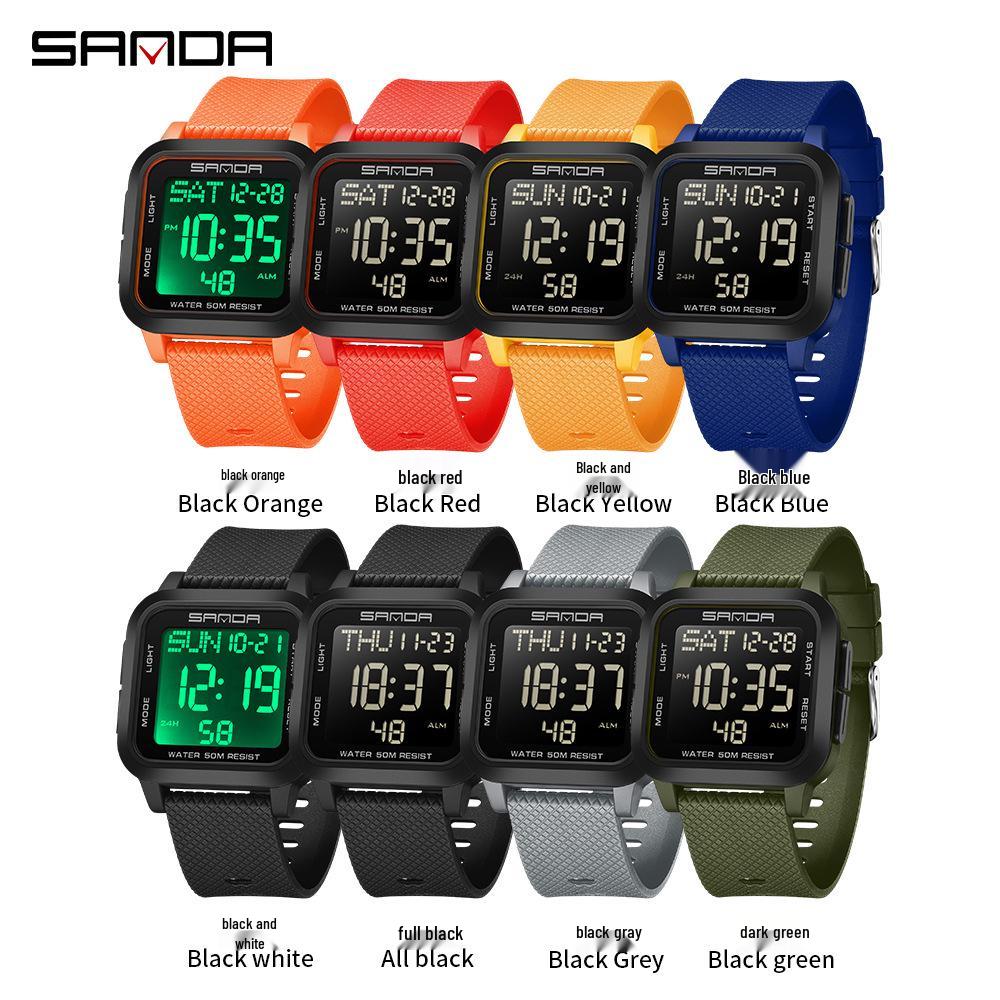 Sanda Student Sports Watch - Waterproof, Luminous Large Dial, Countdown Timer, Multifunction Alarm Clock, Square Electronic Design