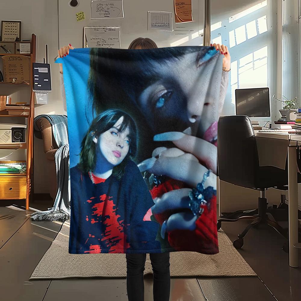1 ks Flanelová deka s potiskem Billie Eilish, Vysoká kvalita, Pro všechna roční období, Domácí dekorace, Teplo a pohodlí, Perfektní jako vánoční dárky