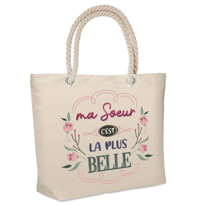 Sac cabas - PLANETEE - Isotherme de plage « Soeur la plus belle » - Jute naturel - Grande contenance - Imprimé France