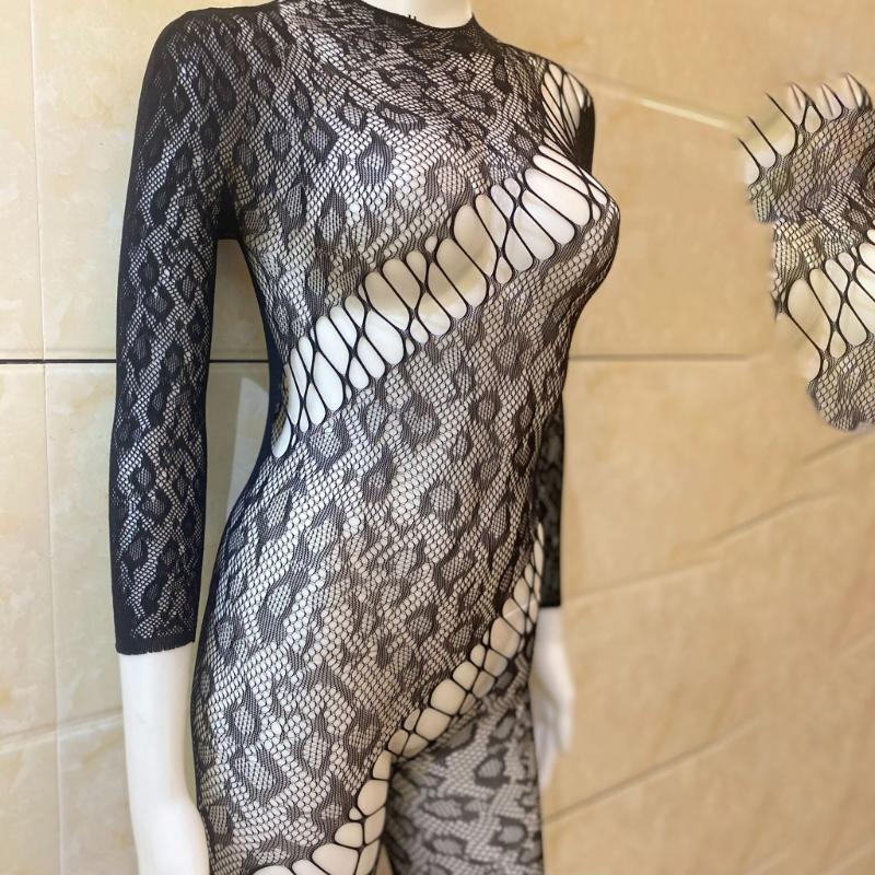 Women Leopard Fishnet Bodystocking Long Sleeve Bodysuit Sexy Hollow Out Mesh Tights Nightwear Erotic Lingerie Jumpsuit