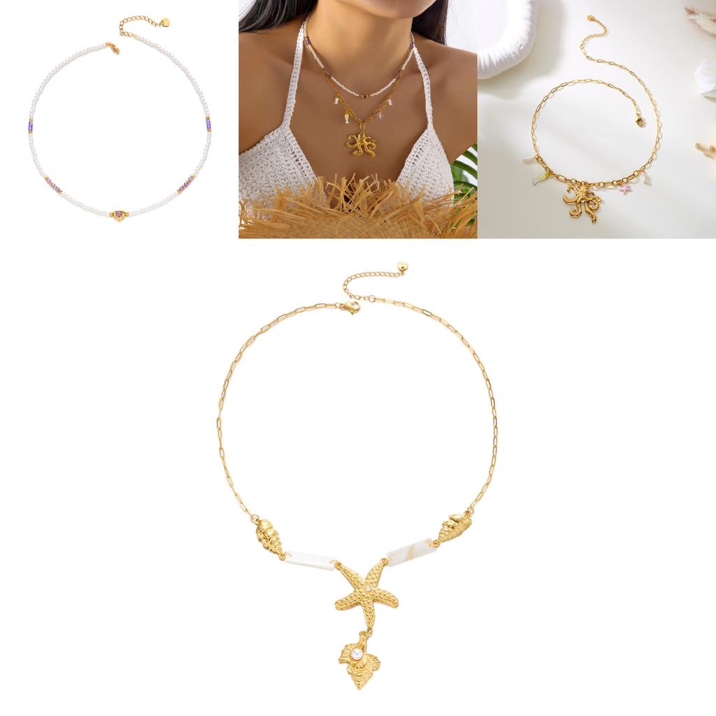 Ensemble de colliers en acier inoxydable avec accents perle et coquillage pour femmes et hommes
