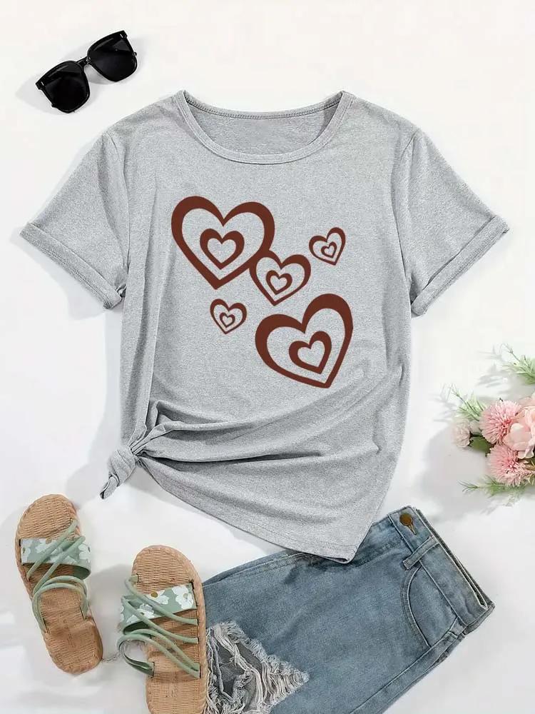 Funny Leopard Heart Print T Shirt for Women Clothing Casual Short Sleeves T-shirt Fashion Streetwear Crew Neck Female Shirts