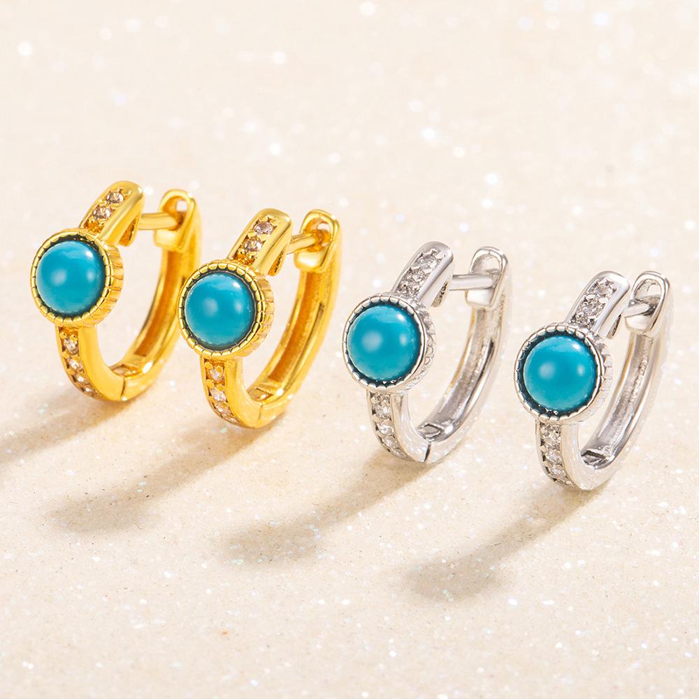 European Retro Zircon Turquoise Hoop Earrings for Women - Simple, Fashionable, High-End Feel