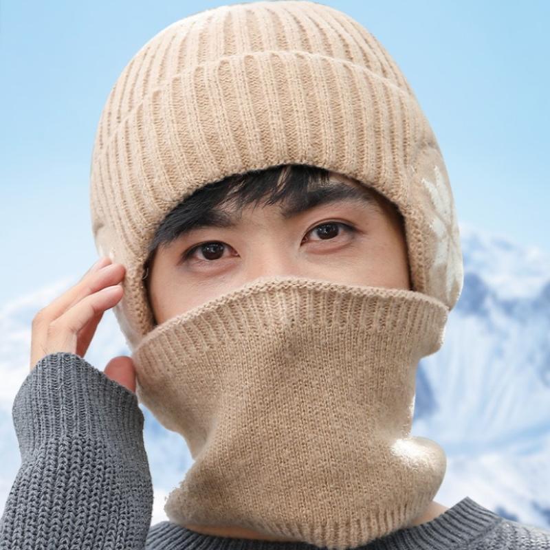 Unisex Warm Fleece Lined Knitted Hat Set for Men Winter Cycling Windproof Cold Proof Large Brim Woolen Overhead Accessory