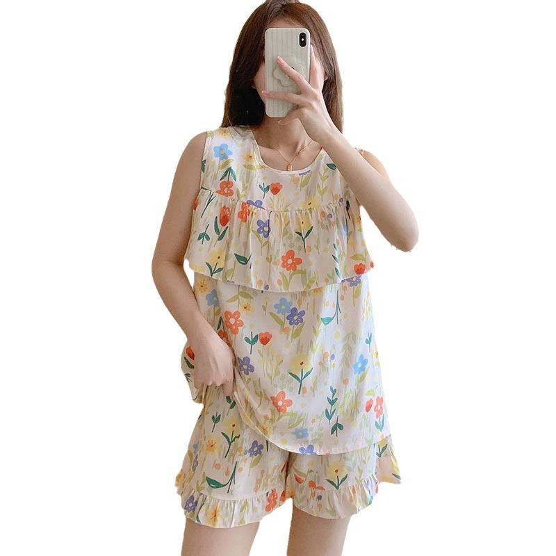 Anti-bumping Pajamas Women's Summer Ultra-thin Cotton and Silk Summer Vest Shorts Sleeveless Set Cool Cotton Silk Loungewear