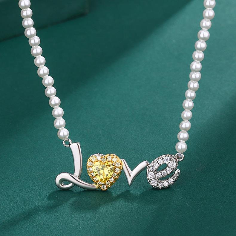 

Jewelry Imitation Natural Pearl Pendant Qixi Festival Gift Yellow Love Rhinestone Pearl Necklace