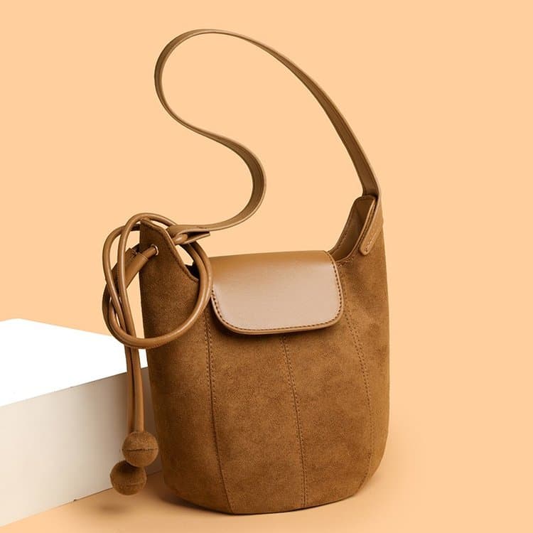 Vintage Suede Shoulder Bucket Bag Crossbody Armpit Bag