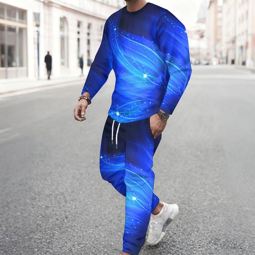 Men Pink Black White Wavy Curve Geometric Print Long Sleeve Sweatshirt Jogger Pants Two Piece Suit