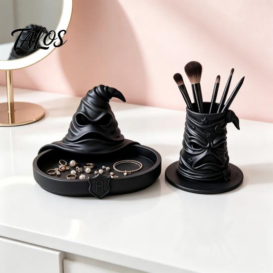 Minimalist Tabletop Organizer Wizard Hat Storage Box, Gothic Desk for Makeup Brushes And Compact Countertop Case Pens, Dark Academia Vintage Halloween