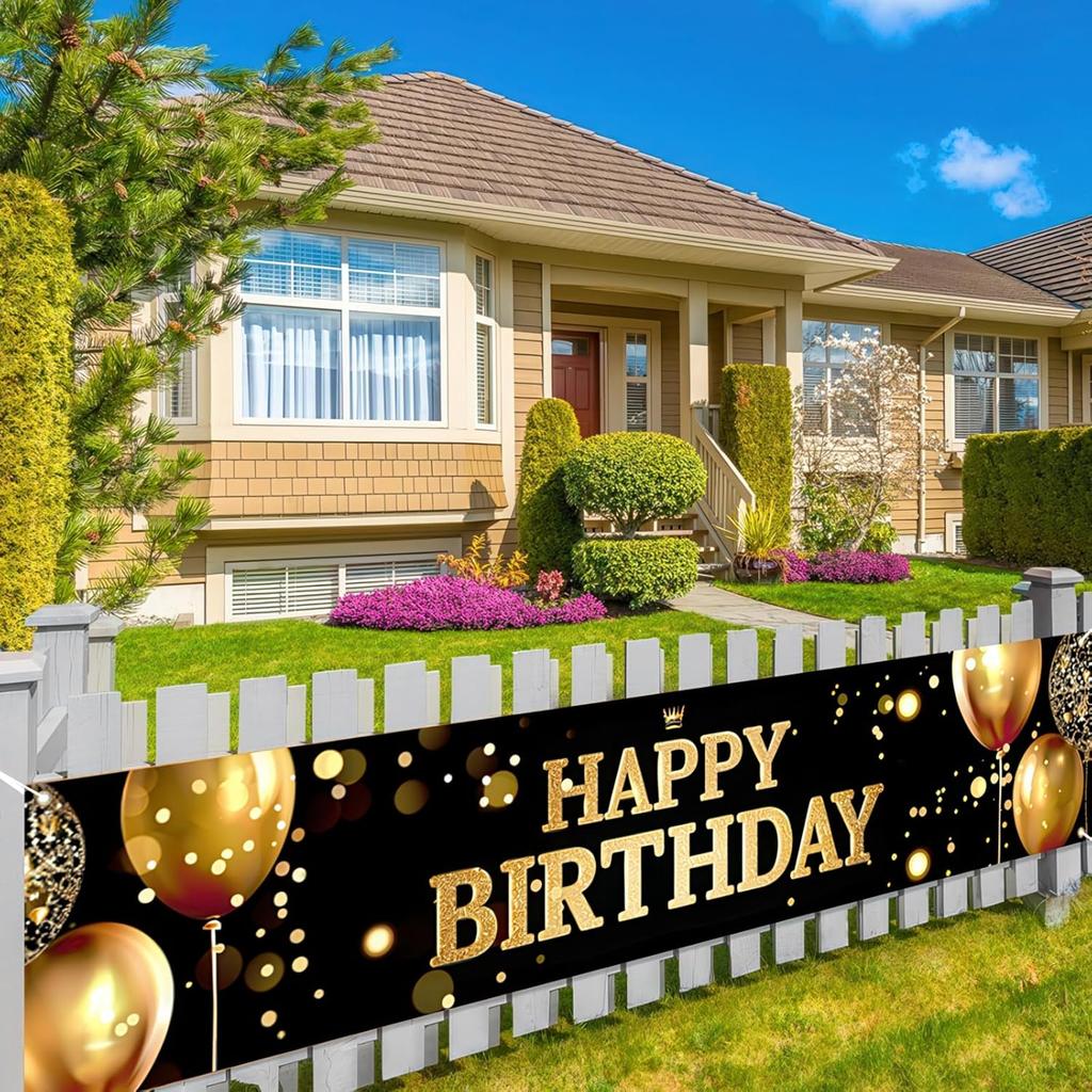 Happy Birthday Banner Black Gold Party Decorations Large Birthday Banner Yard Sign Backdrop Supplies Decoration for Indoor and Outdoor 78 x 17Inches