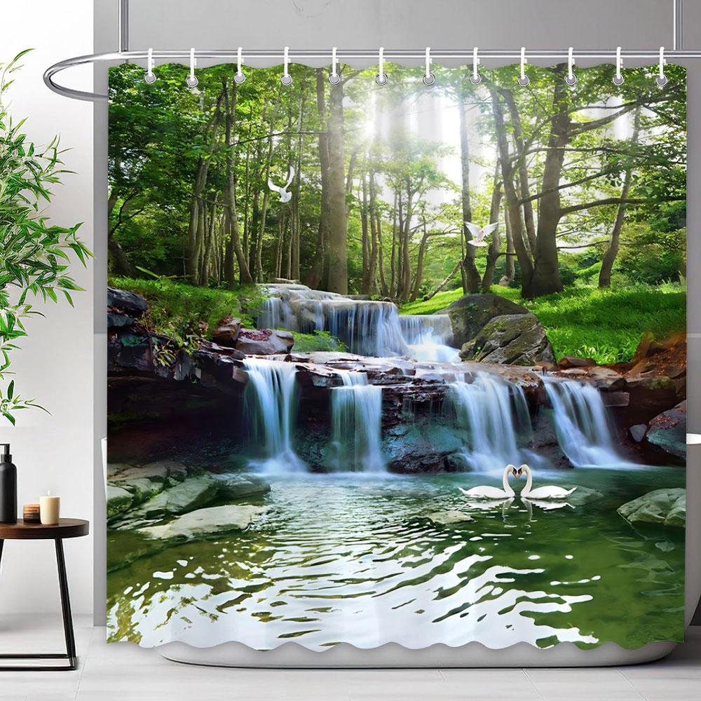 Waldwasserfall Duschvorhang Außen Naturlandschaft Üppige Wälder Grüne Pflanzen Blumig Polyester Duschvorhänge Badezimmer Dekoration