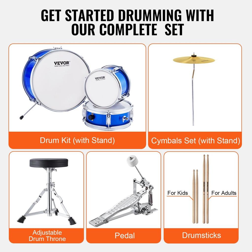 Kids Drum Set 3-Piece 14 in Beginner Drum Set for Child with Throne Blue