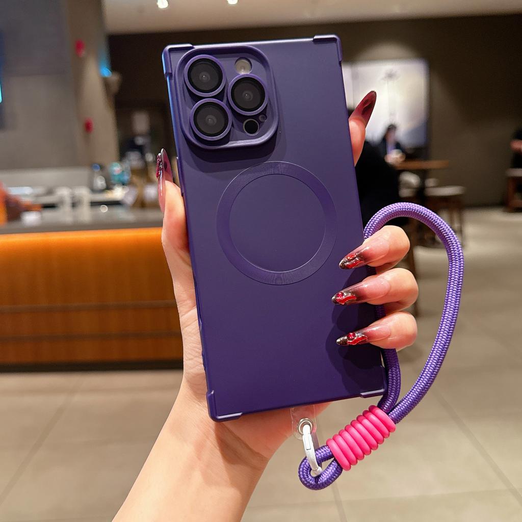 Matte Soft Silicone Square Shockproof Case for iPhone 16 15 14 Plus 13 Pro Max Magnetic Wireless Charge Lanyard Rope Strap Cover