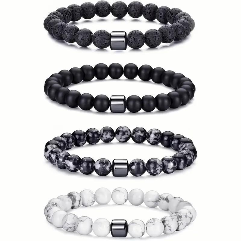 

Набор из 4 браслетов из натурального камня с бусинами для пар, для мужчин и женщин, для расстояния, черный, белый, из натурального камня лавы, с бусинами из тигрового глаза, браслет-оберег