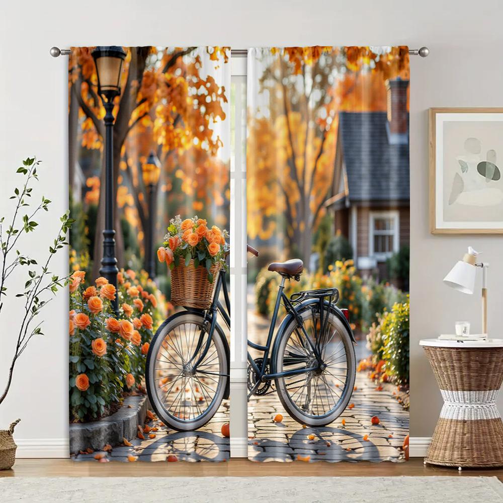 

Set Of 2 Filtering Curtains Excluding Rods Non Movable Without Batteries Bicycle Flowers Use Bedrooms Living Curtain Polyester Perfect For Master W100*H70(CM)-Rod Pocket&2PCS