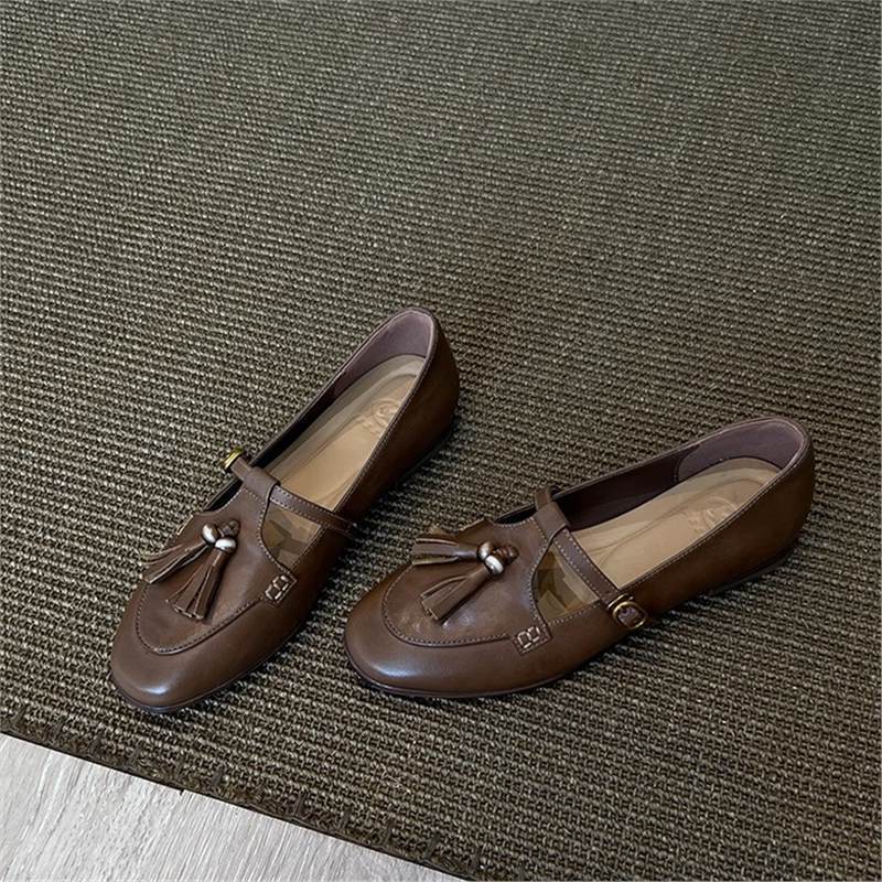 

Cowhide version~ retro tassel one-word buckle low-heeled Mary Jane small leather shoes women s shallow mouth shoes round head flat-soled single shoes 40
